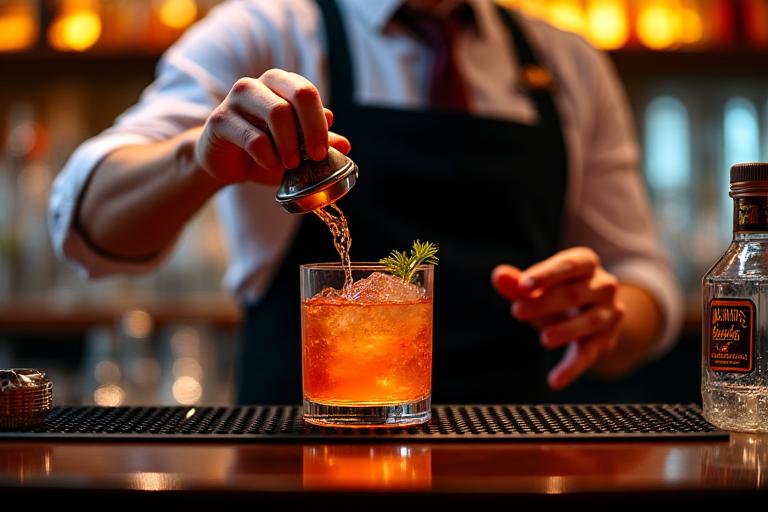 Ein Barkeeper mixt einen kunstvollen Cocktail.
