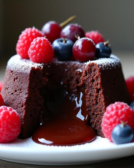 Ein Schokoladen-Lava-Kuchen mit Beeren.
